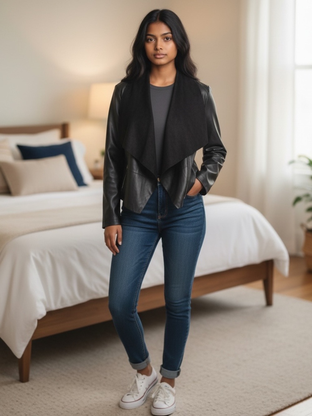 Cato Black Faux-Leather Draped Jacket with Shawl Front